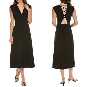 NEW A.L.C. Amelie BLACK Cotton V-NECK Lace-Up Back MIDI DRESS 4